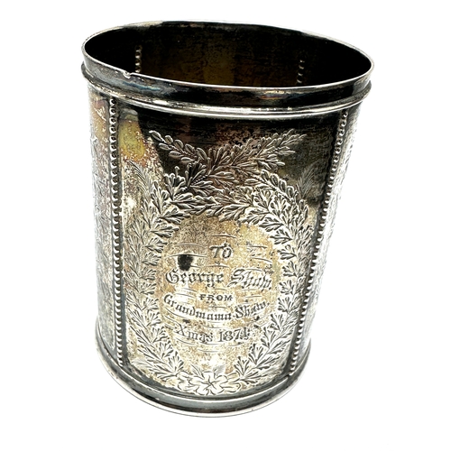 111 - Victorian silver mug London silver hallmarks height 8cm by dia 6cm engraved detail