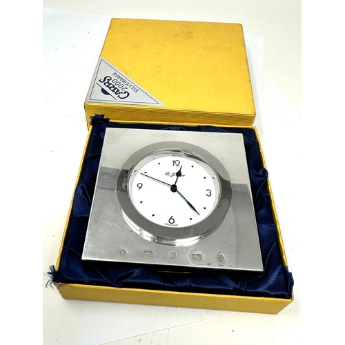 141 - R.J.CARR 925 Silver hallmarked quartz table bedside clock working order in original box with paperwo... 