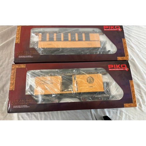 36 - 3 Boxed Piko Rio Grand trailers, G scale, outdoor and indoor, untested