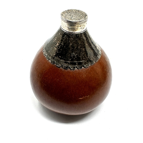 37 - Antique silver mounted fruit shell flask crest to lid measures approx height 6cm by 5.7cm dia