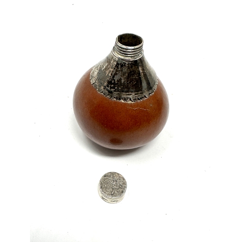 37 - Antique silver mounted fruit shell flask crest to lid measures approx height 6cm by 5.7cm dia