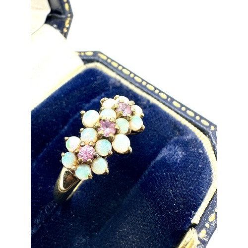 230 - 9ct gold opal & pink sapphire floral cluster ring (2g)