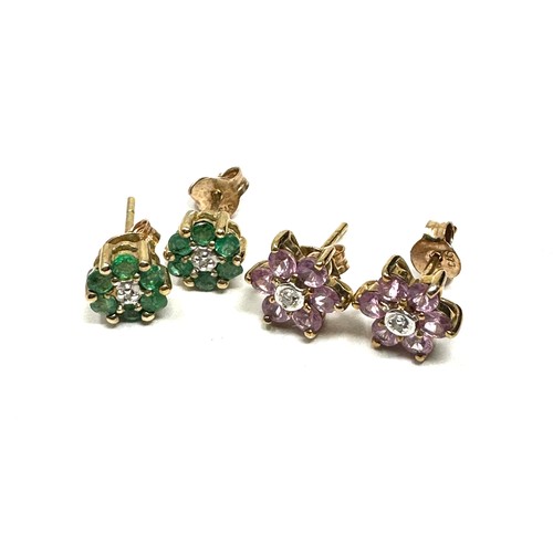 260 - 2 x diamond, emerald & pink sapphire floral stud earrings (2.5g)