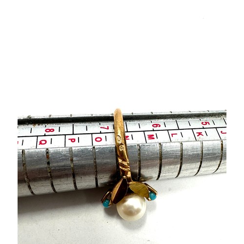 270 - 18ct gold vintage cultured pearl and faux turquoise set cocktail ring (3.1g)