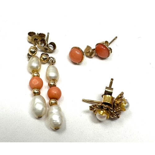 267 - 3 x 9ct gold paired coral & pearl earrings inc. drop & stud (2.7g)