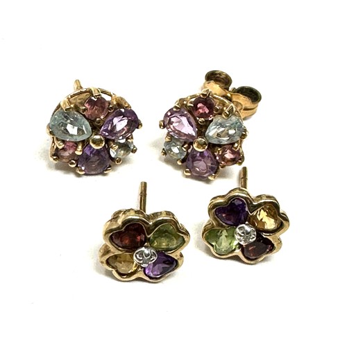 261 - 2 x multi-gemstone floral cluster stud earrings inc. garnet, amethyst, peridot, citirne & aquamarine... 