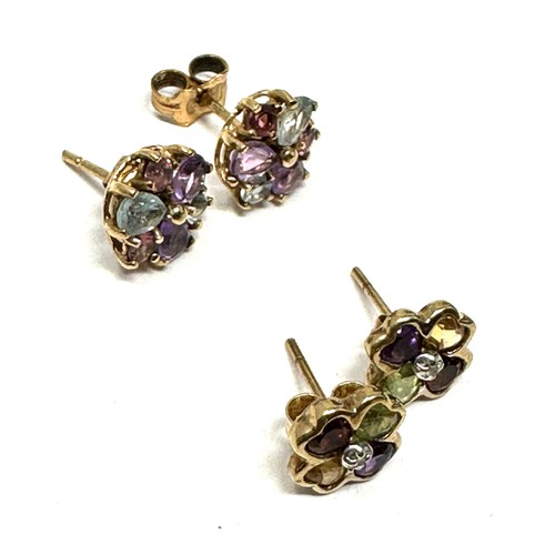 261 - 2 x multi-gemstone floral cluster stud earrings inc. garnet, amethyst, peridot, citirne & aquamarine... 