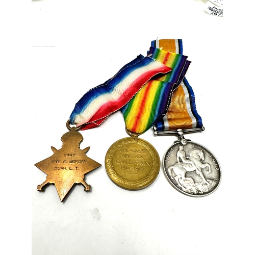 371 - ww1 trio medals to 2147 pte e jordan D.L.I