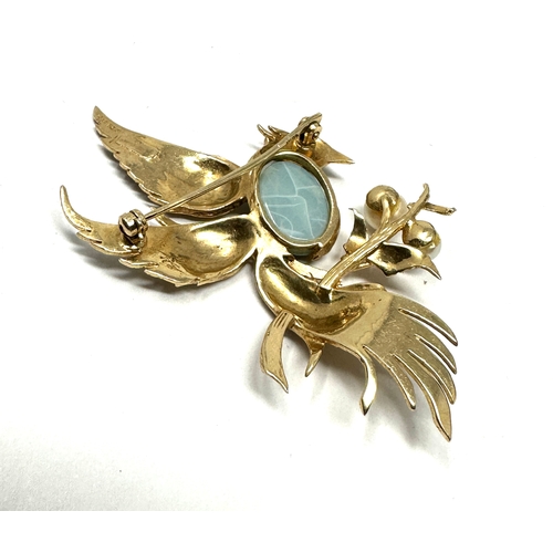 78 - 9ct gold opal doublet & pearl bird of paradise brooch measures approx 6cm by 5cm weight 9.4g