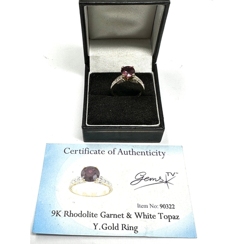 88 - Certificated 9ct gold Rhodolite Garnet & white Topaz ring C.O.A