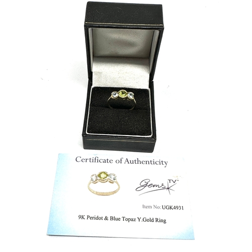 89 - Certificated 9ct gold Peridot & Blue Topaz ring C.O.A