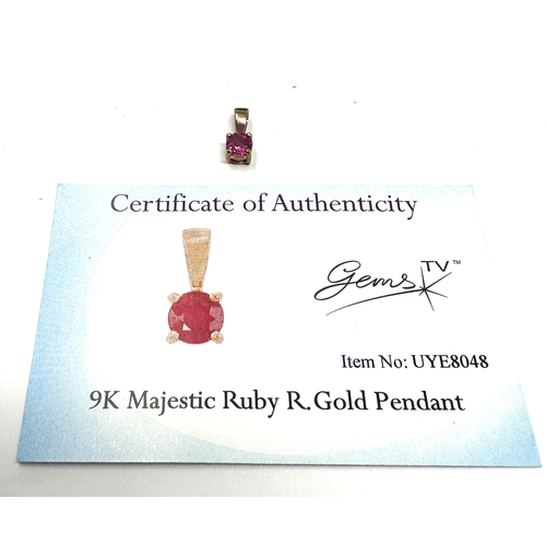 90 - Certificated 9ct gold Majestic Ruby pendant  C.O.A