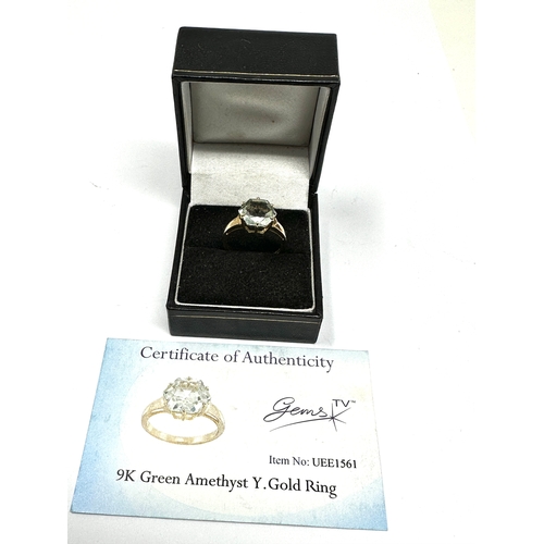 93 - Certificated 9ct gold green amethyst ring C.O.A