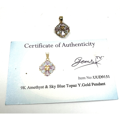 96 - Certificated 9ct gold Amethyst & sky blue Topaz pendant  C.O.A