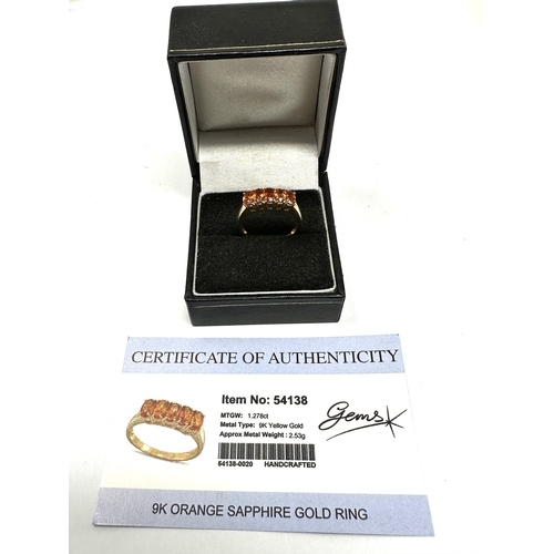 101 - Certificated 9ct gold Orange sapphire ring C.O.A