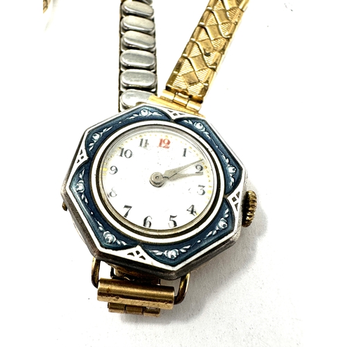 406 - 2 art deco ladies wristwatch gold plated 1 with enamel bezel