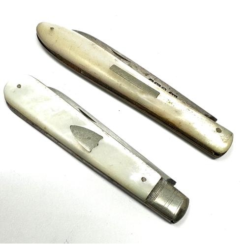 11 - 2 antique silver blade & m.o.p handle fruit knives