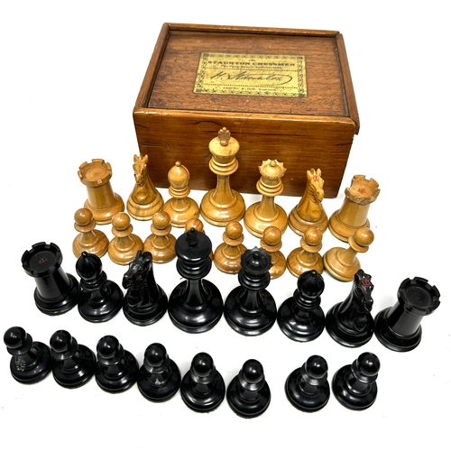 456 - Antique Staunton Chess set in original wooden box label on box reads the staunton chessmen jaques & ... 