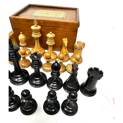 456 - Antique Staunton Chess set in original wooden box label on box reads the staunton chessmen jaques & ... 