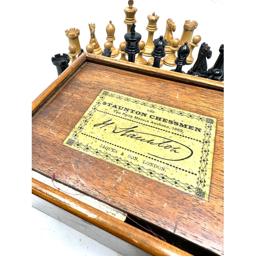 456 - Antique Staunton Chess set in original wooden box label on box reads the staunton chessmen jaques & ... 