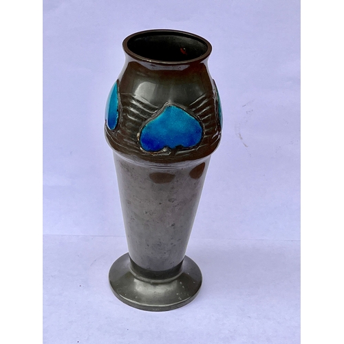 443 - Liberty art Nouveau pewter & enamel vase made by Tudric number to base 02510