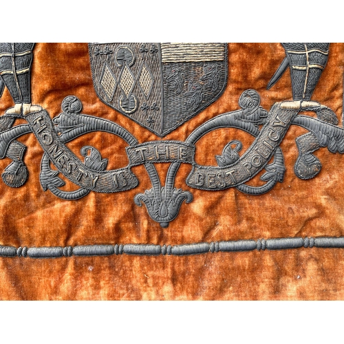 450 - Rare Antique 18th / 19th century embroidered coat of arms with silver wire honesty is the best polic... 