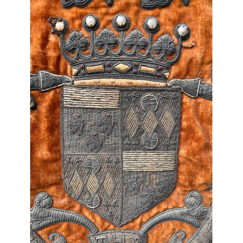 450 - Rare Antique 18th / 19th century embroidered coat of arms with silver wire honesty is the best polic... 