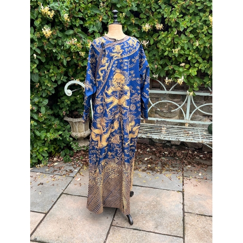 400 - Fine Antique Chinese blue silk robe with gold thread dragon decoration length approx 1.4 metres