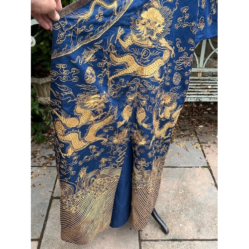 400 - Fine Antique Chinese blue silk robe with gold thread dragon decoration length approx 1.4 metres