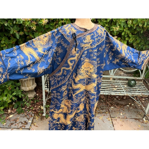 400 - Fine Antique Chinese blue silk robe with gold thread dragon decoration length approx 1.4 metres