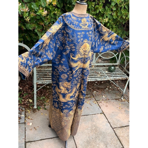 400 - Fine Antique Chinese blue silk robe with gold thread dragon decoration length approx 1.4 metres