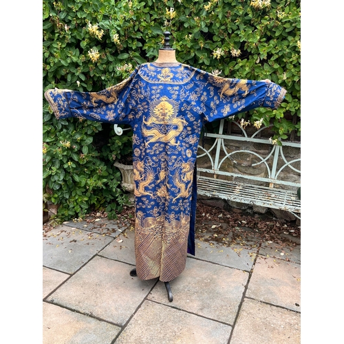 400 - Fine Antique Chinese blue silk robe with gold thread dragon decoration length approx 1.4 metres