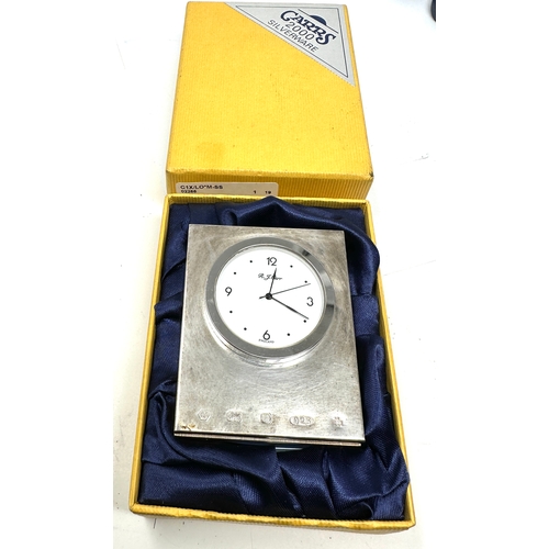 65 - R.J.CARR 925 Silver hallmarked quartz bedside clock working order in original box with paperwork