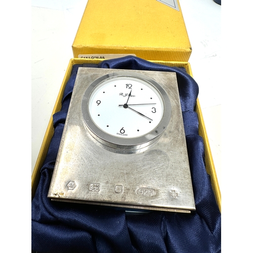 65 - R.J.CARR 925 Silver hallmarked quartz bedside clock working order in original box with paperwork