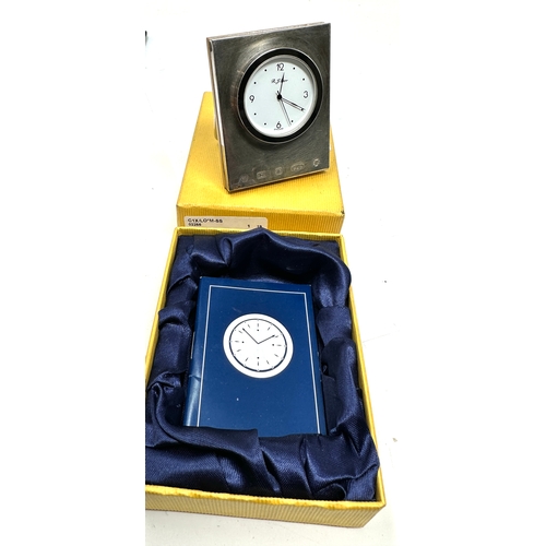 65 - R.J.CARR 925 Silver hallmarked quartz bedside clock working order in original box with paperwork