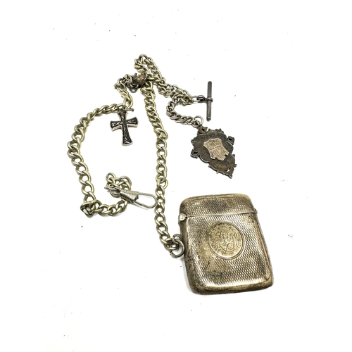 61 - Antique silver vesta case & fob with plated albert chain