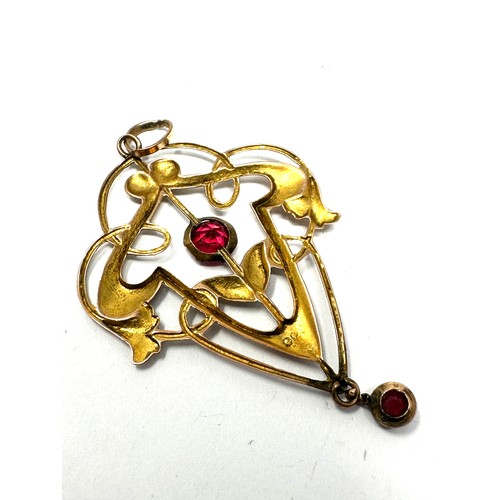 286 - 9ct gold edwardian red stone set pendant  (1.7g)