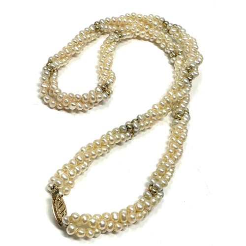 149 - 14ct gold clasp freshwater pearl bead necklace and gold spacers measures approx 44cm long weight 21g