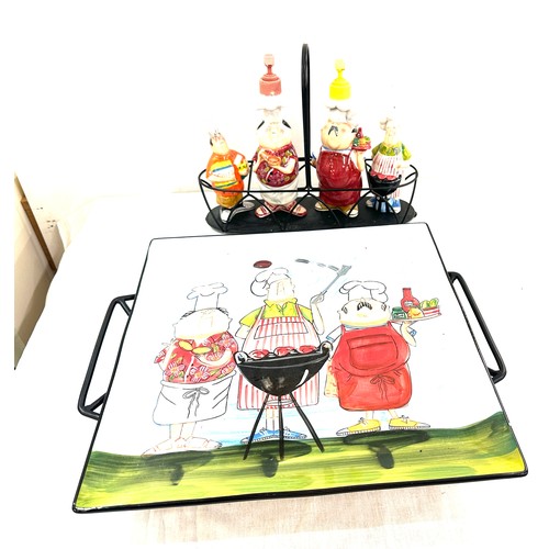 662 - Novelty pottery condiments set and tray