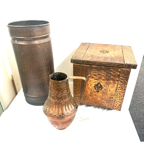 130 - 3 Pieces of copper ware includes coal box, umbrella stand an a persian jug