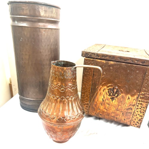 130 - 3 Pieces of copper ware includes coal box, umbrella stand an a persian jug