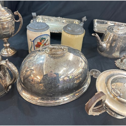 132 - Selection of silver plated items includes trophies, tureens etc