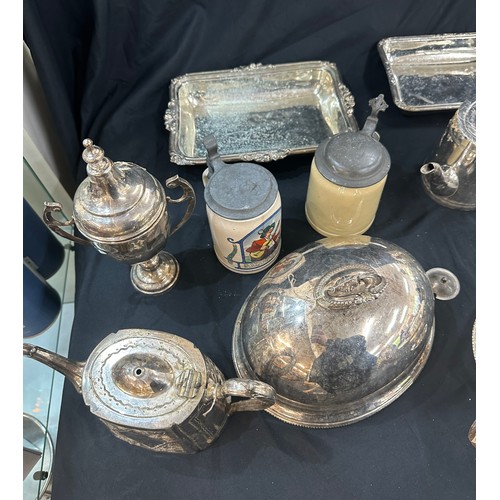 132 - Selection of silver plated items includes trophies, tureens etc