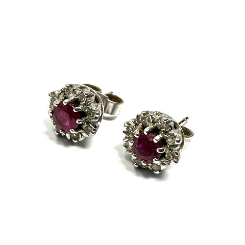 300 - 9ct white gold diamond and ruby  cluster stud earrings (1.8g)