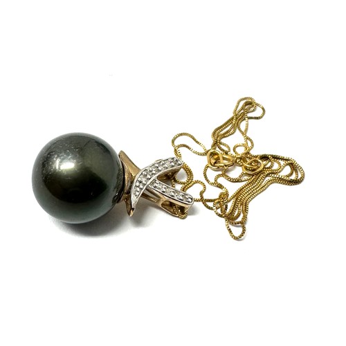 246 - 9ct  gold cultured pearl and diamond paved bail drop pendant necklace (5g)