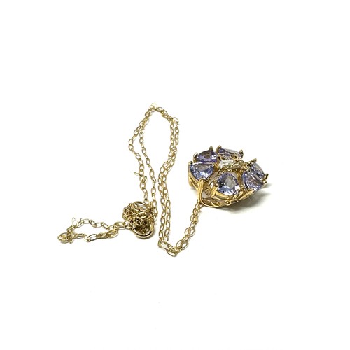 227 - 9ct white and yellow gold diamond and tanzanite openwork cluster pendant necklace (2.1g)