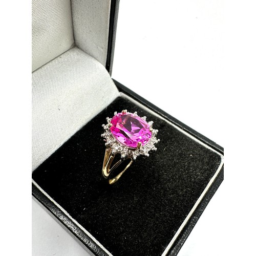 222 - 9ct gold diamond & synthetic pink sapphire  ring (2.7g)