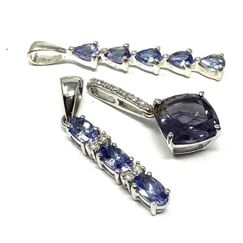 333 - 3 x 9ct white gold diamond, tazanite & amethyst pendants (2.8g)