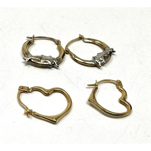 355 - 2 x 9ct gold hoop earrings inc. heart & dolphin (0.7g)