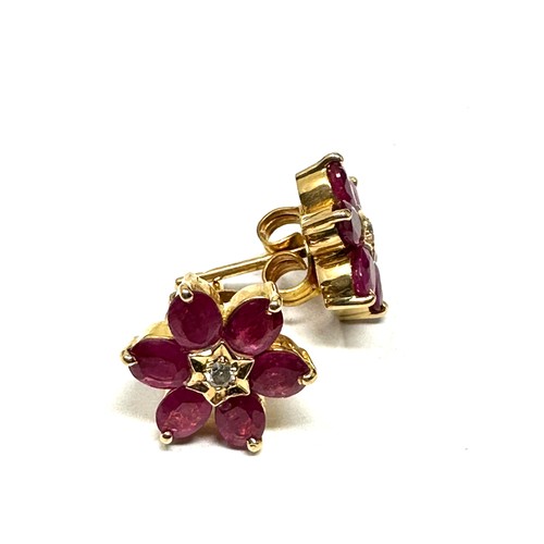 316 - 14ct gold diamond & ruby floral cluster stud earrings (3.5g)